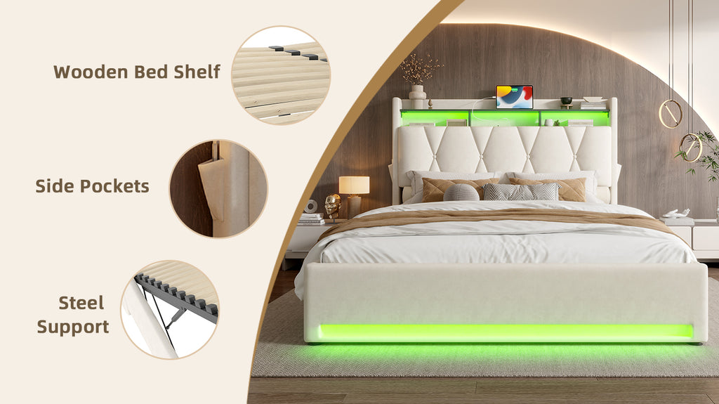 Beige Velvet Storage Bed Frame – 135 × 190 cm — detail 15
