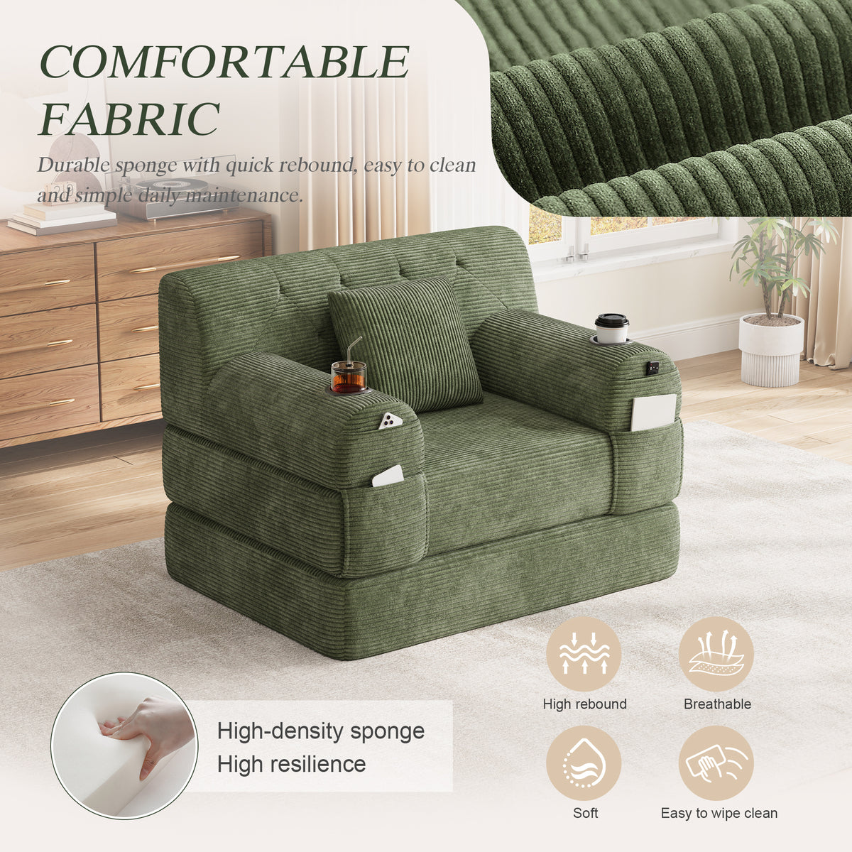 Green Corduroy Sleeper Chair — detail 8