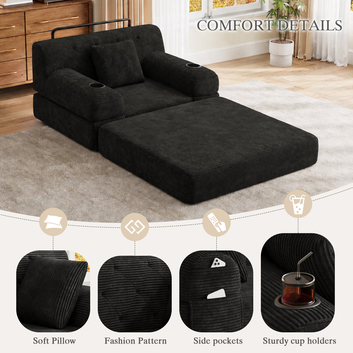 Black Corduroy Sleeper Chair — detail 5