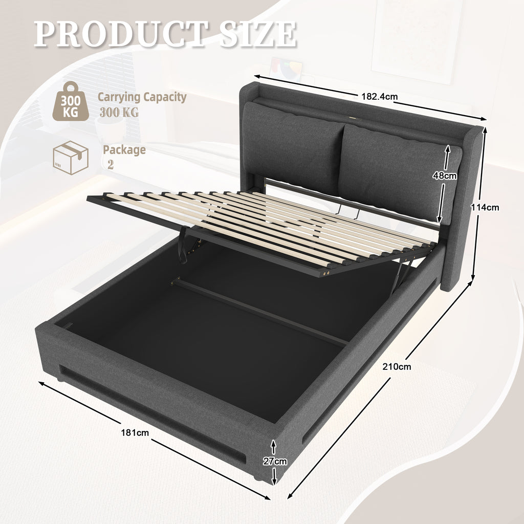 Dark Grey Linen Storage Bed Frame – 180 × 200 cm — detail 2