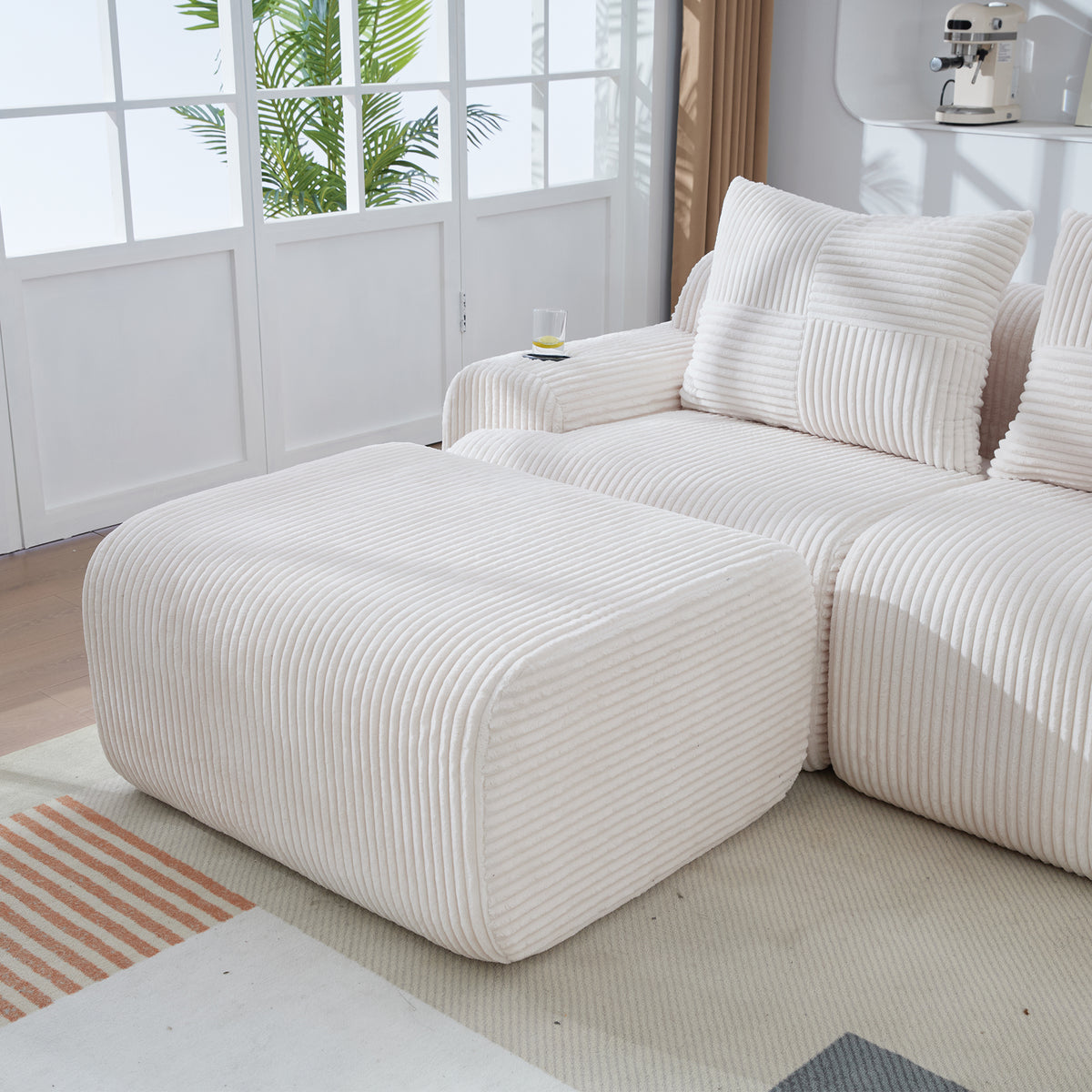 Beige Corduroy 4-Seater Modular Sofa with Two Ottomans — detail 17