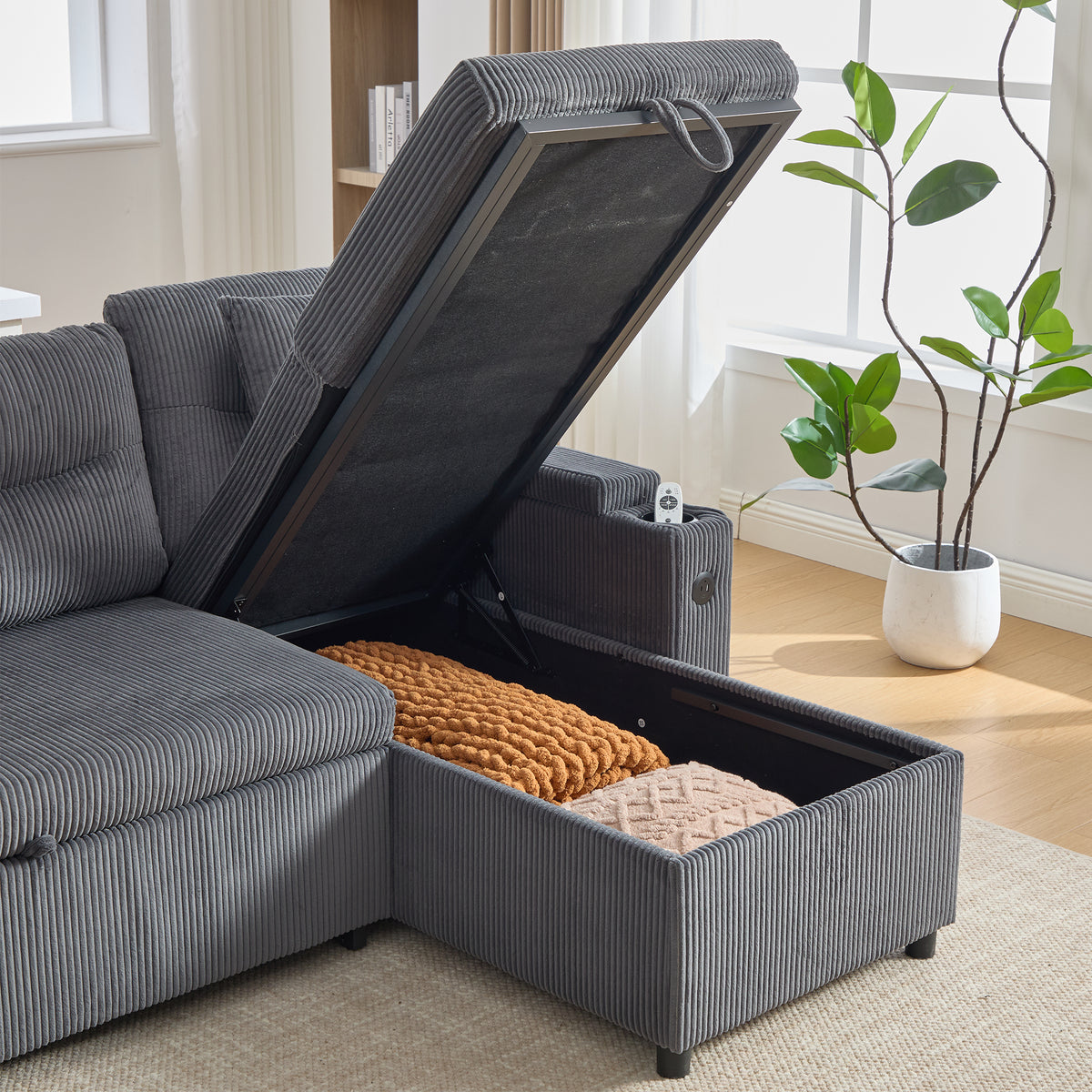 Charcoal grey Oversized Chenille Chaise Lounge with Pillows — detail 17