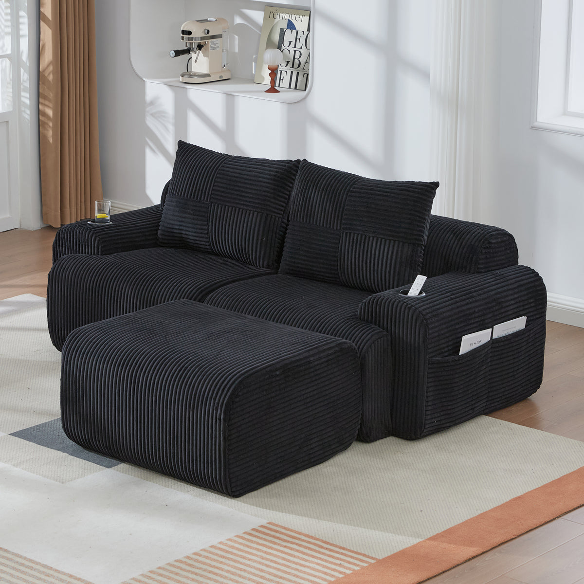 Black Corduroy 2-Seater Modular Sofa with Ottoman — detail 12
