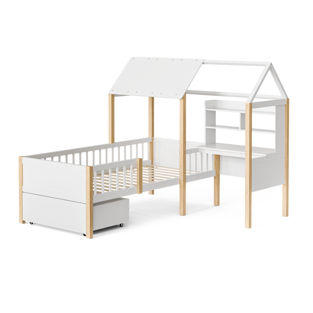White Wooden House Bed with Desk and Storage – 90 × 190 cm — detail 18