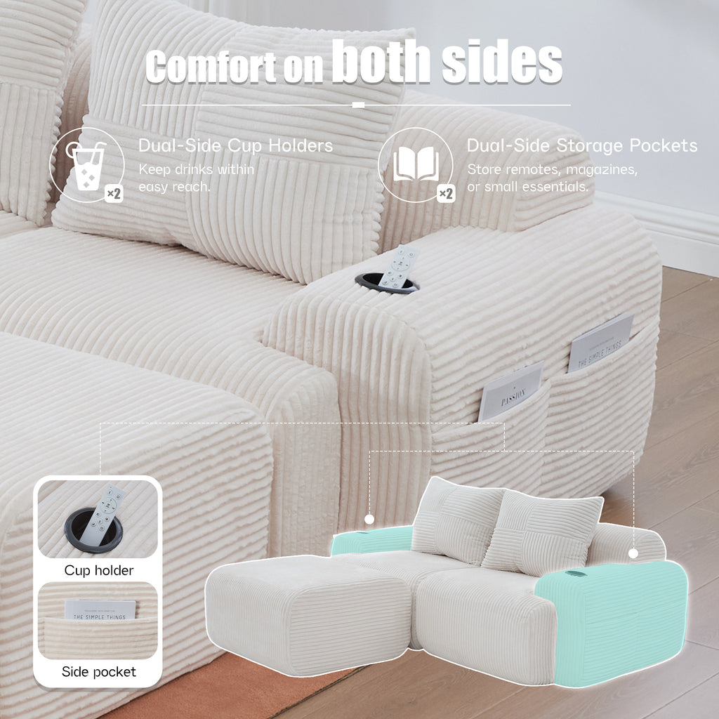Beige Corduroy 2-Seater Modular Sofa with Ottoman — detail 6