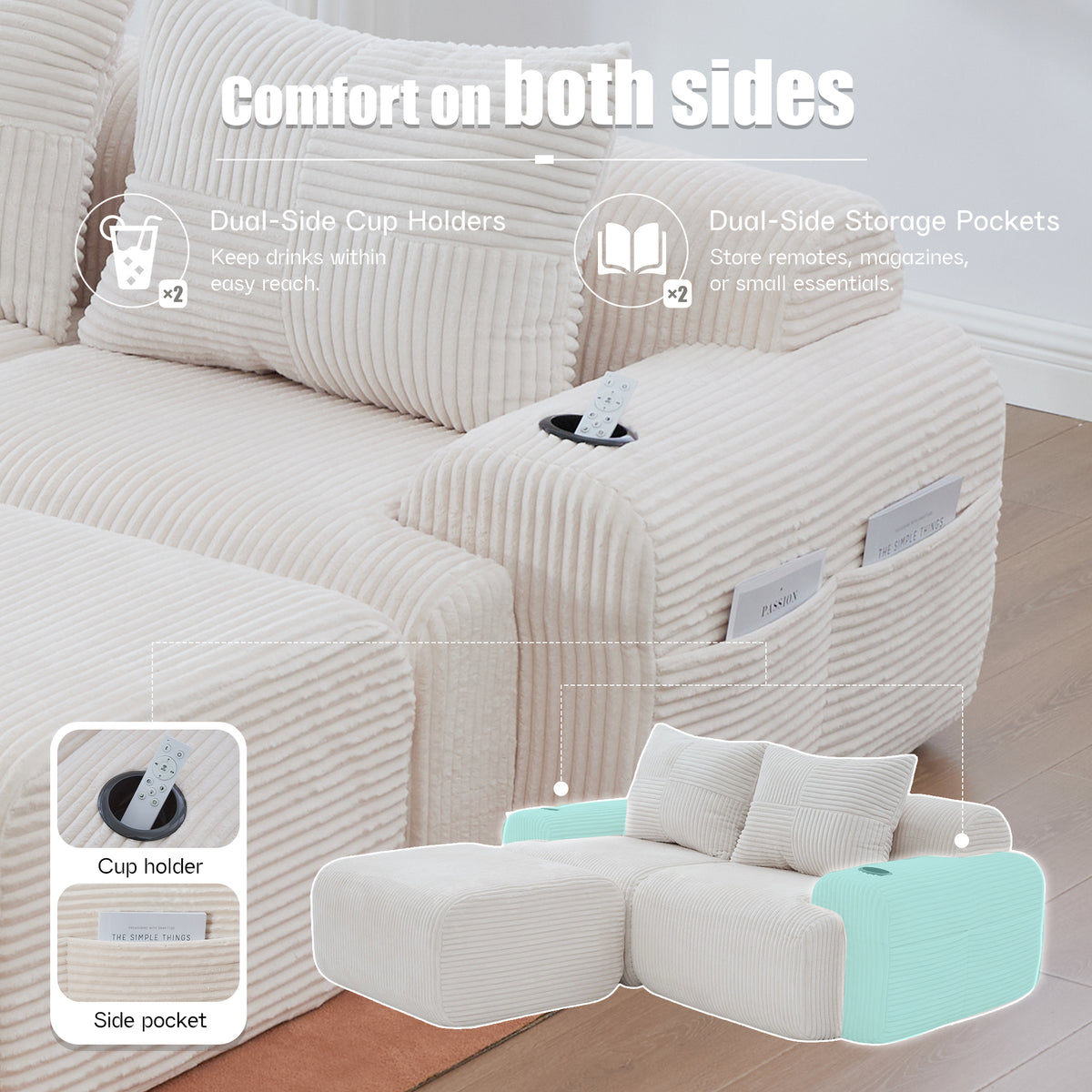 Beige Corduroy 2-Seater Modular Sofa with Ottoman — detail 6