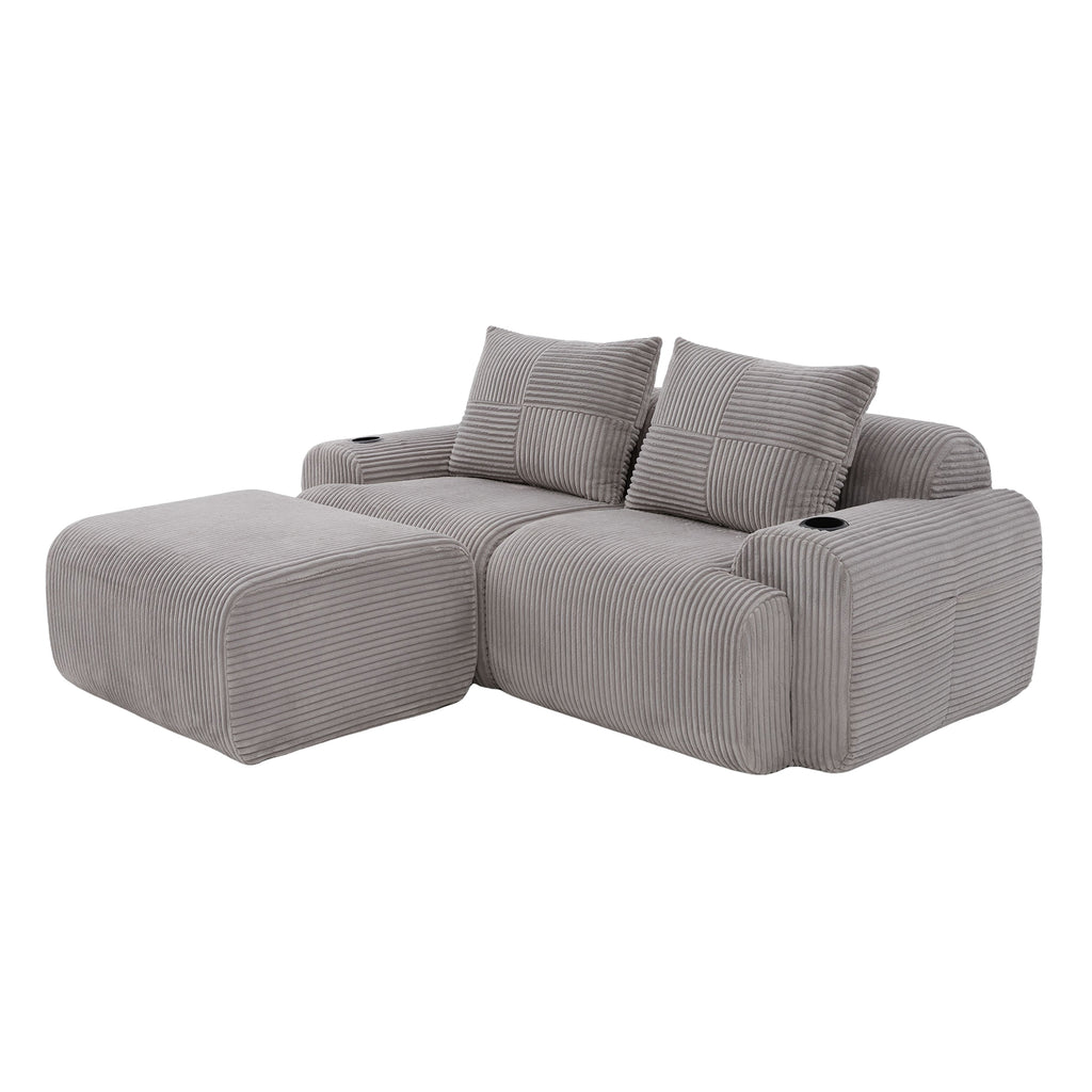 Light Grey Corduroy 2-Seater Modular Sofa with Ottoman — detail 16