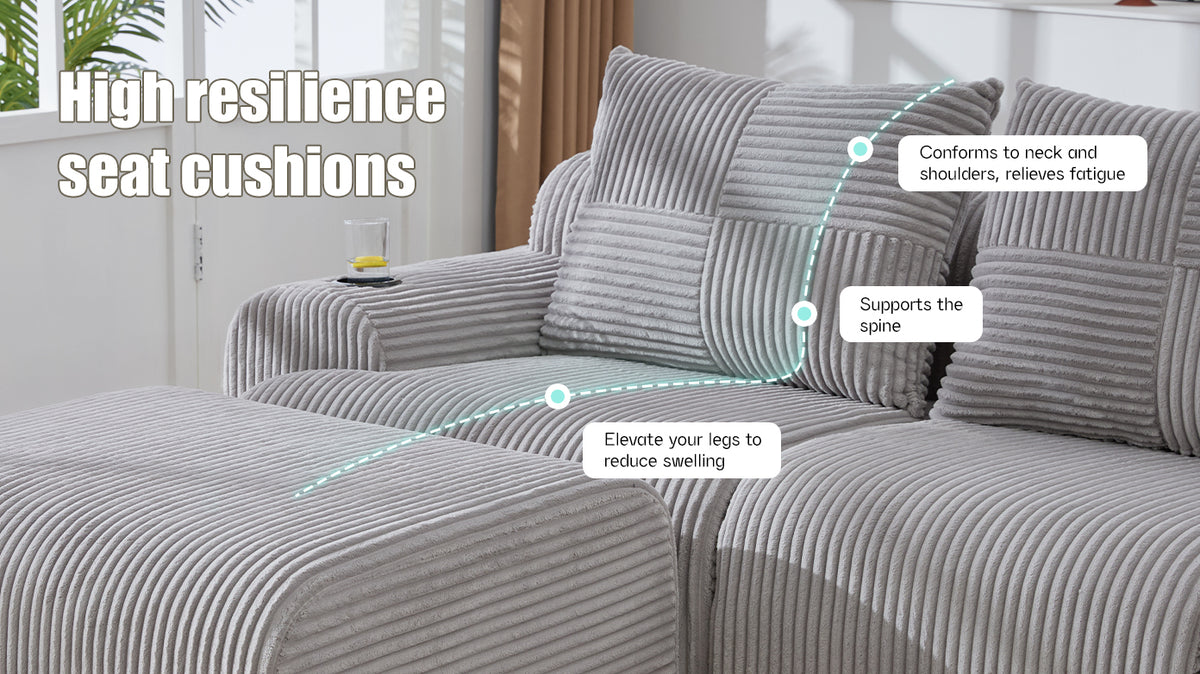 Light Grey Corduroy 2-Seater Modular Sofa with Ottoman — detail 22