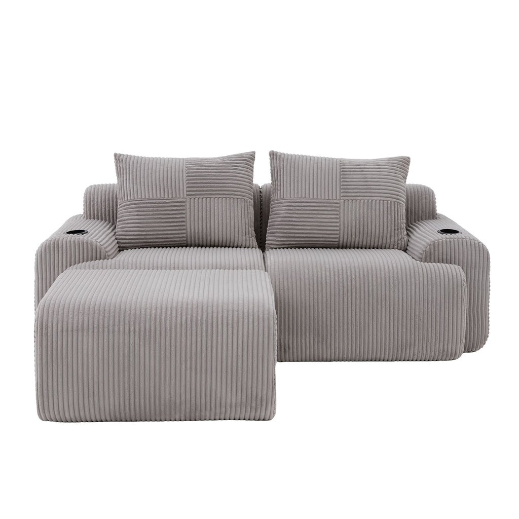 Light Grey Corduroy 2-Seater Modular Sofa with Ottoman — detail 17