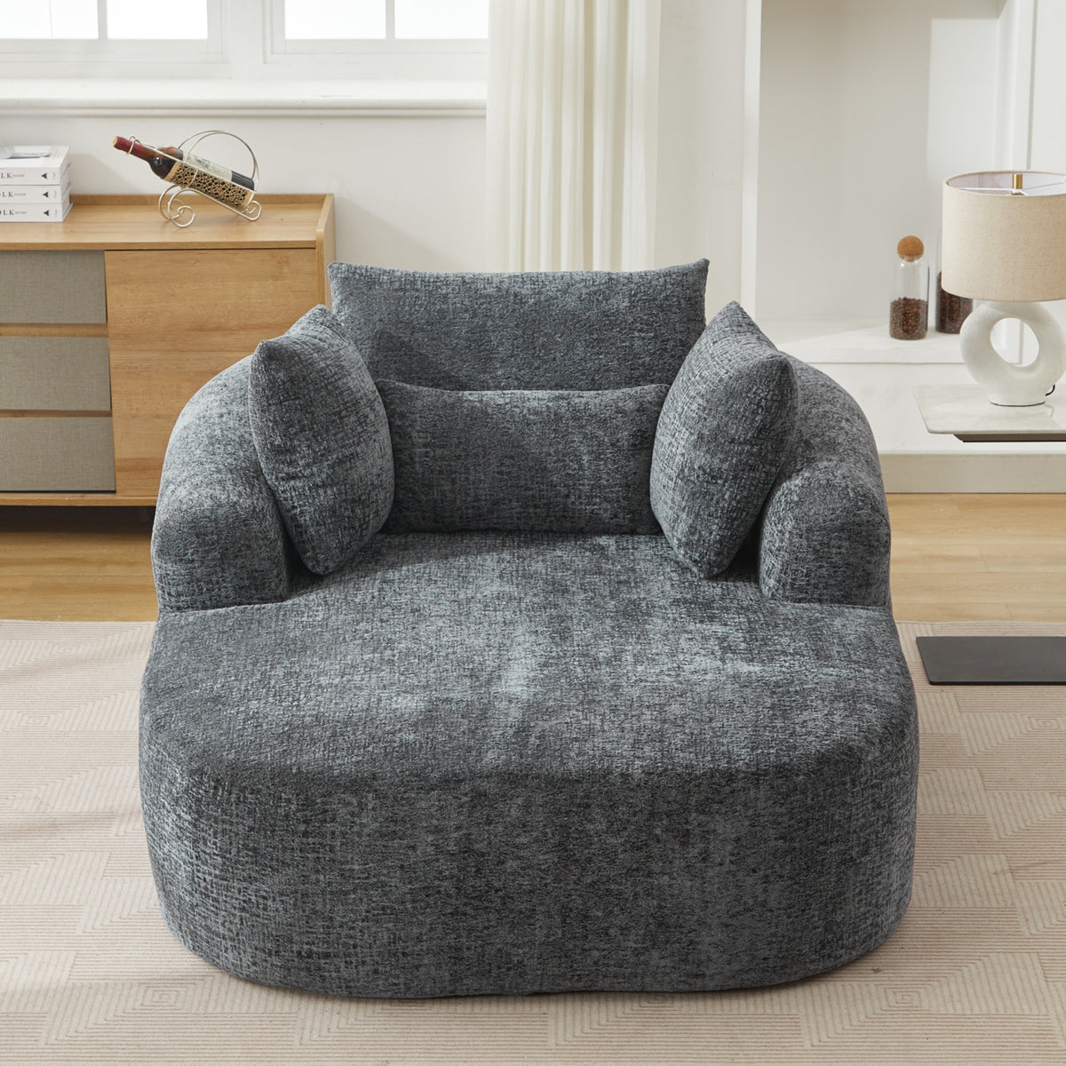 Grey Oversized Chenille Chaise Lounge with Pillows — product view