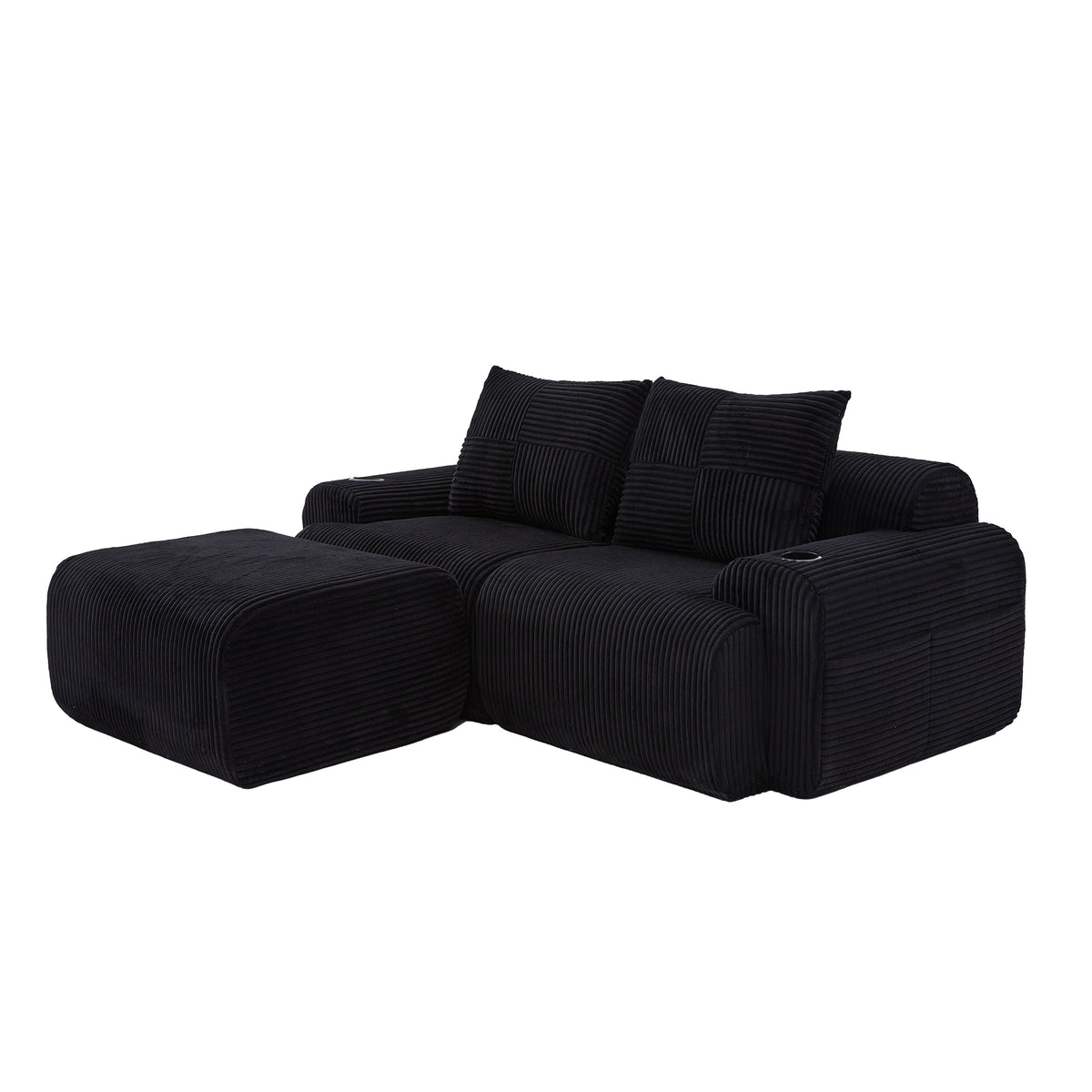 Black Corduroy 2-Seater Modular Sofa with Ottoman — detail 22