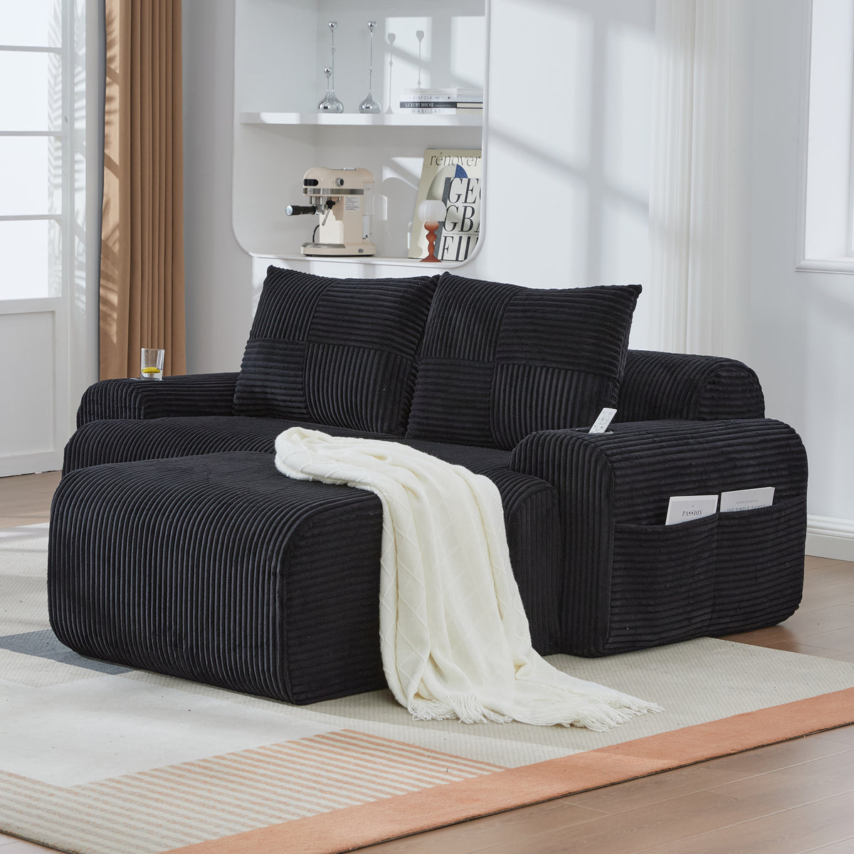 Black Corduroy 2-Seater Modular Sofa with Ottoman — detail 10