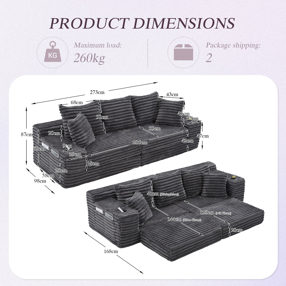 Dark Grey Corduroy Sofa Bed — detail 2