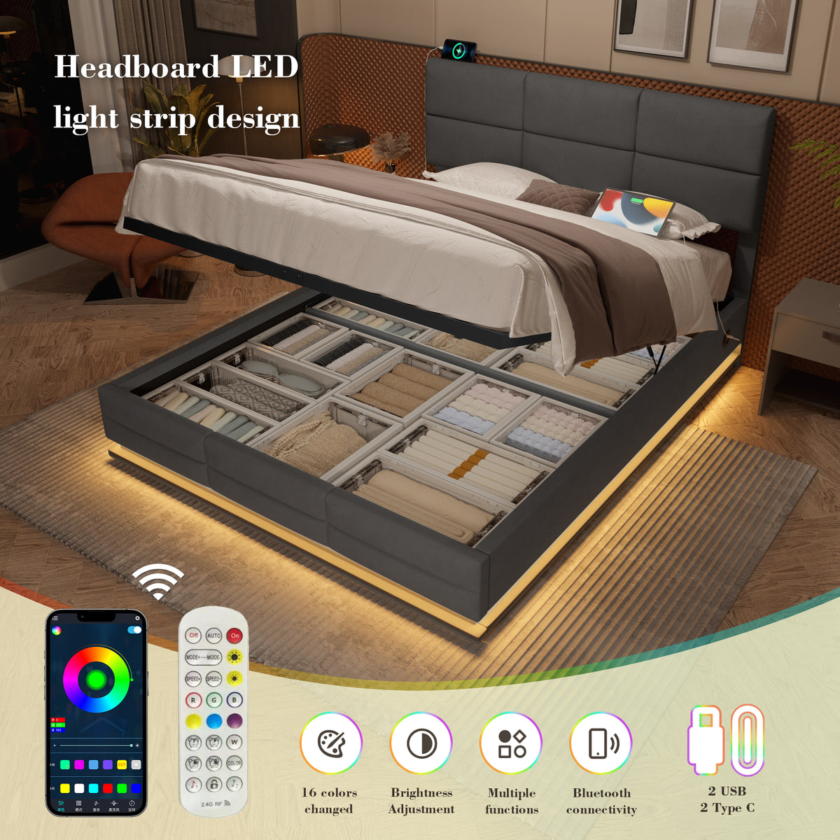 Grey Velvet Storage Bed Frame – 135 × 190 cm — detail 5