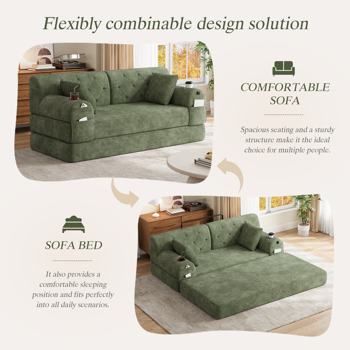 Green Corduroy 2-Seater Sofa Bed — detail 3