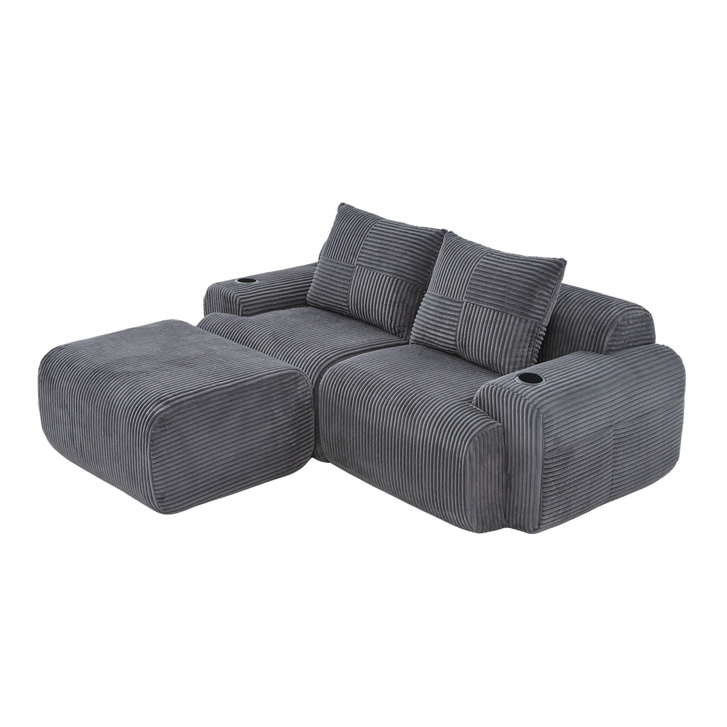 Dark Grey Corduroy 2-Seater Modular Sofa with Ottoman — detail 23