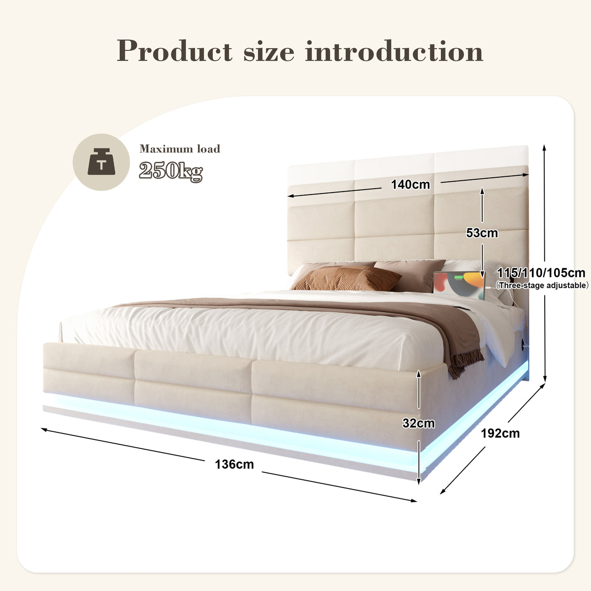 Beige Velvet Storage Bed Frame – 135 × 190 cm — detail 2