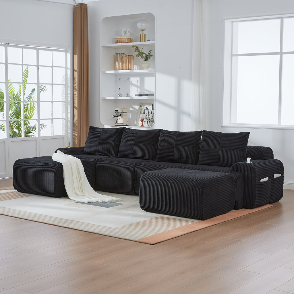 Black Corduroy 4-Seater Modular Sofa with Two Ottomans — product view