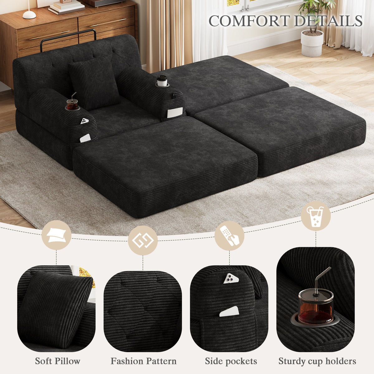 Black Corduroy Sleeper Chair with Ottoman — detail 5