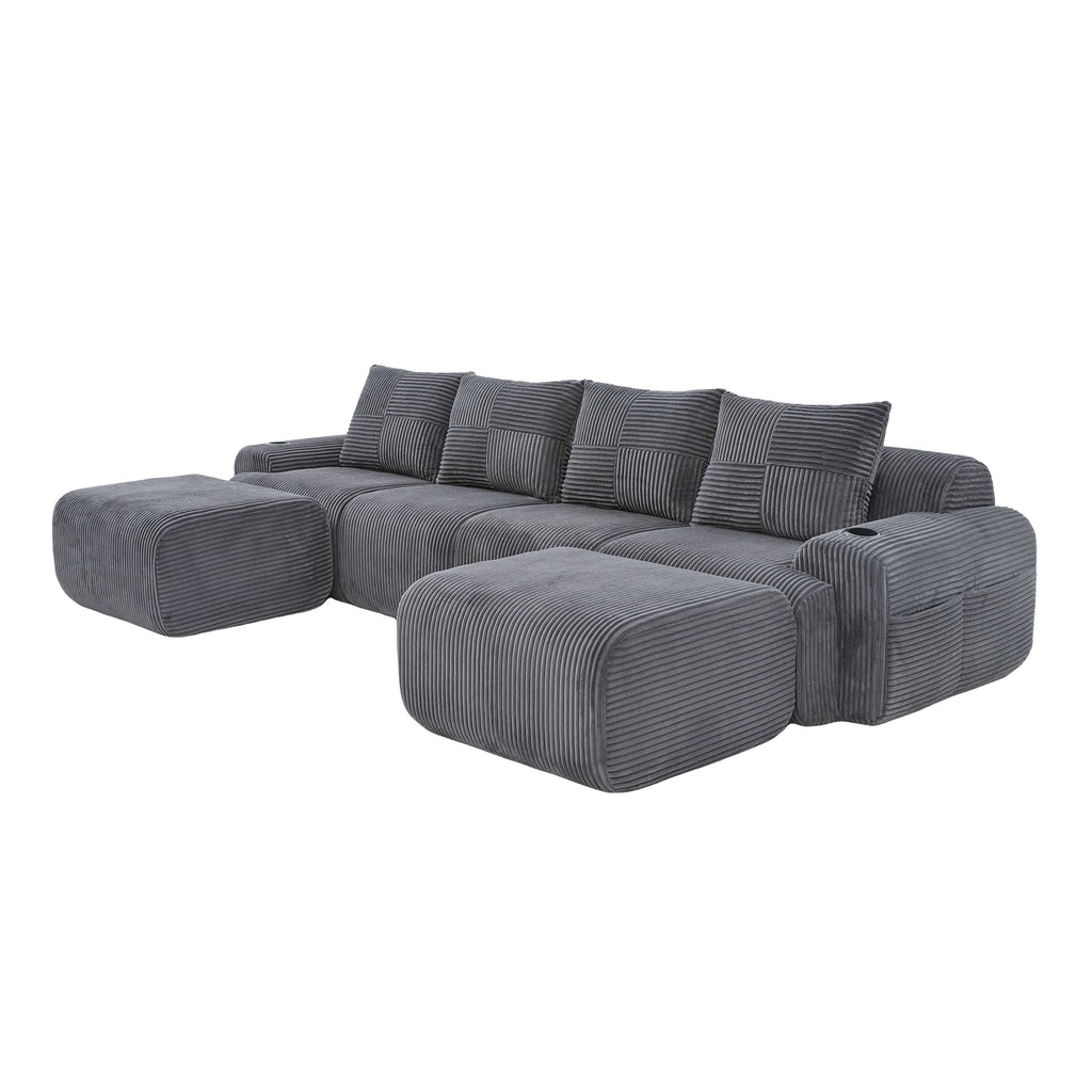 Dark Grey Corduroy 4-Seater Modular Sofa with Two Ottomans — detail 20