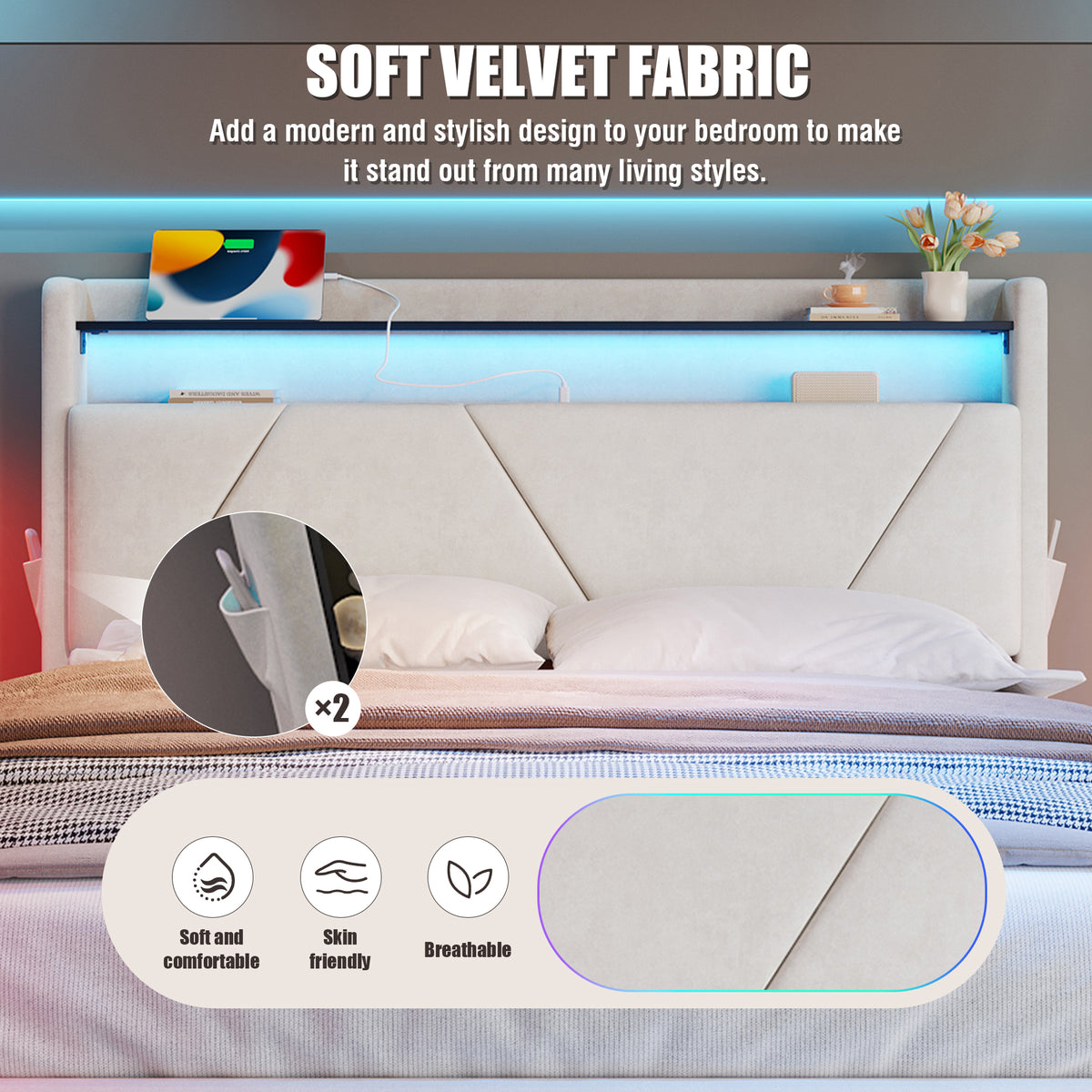 Beige Velvet Storage Bed Frame – 150 × 200 cm — detail 8