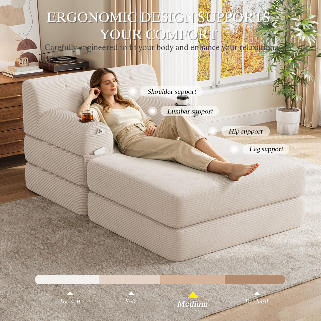 Beige Corduroy Sleeper Chair with Ottoman — detail 7
