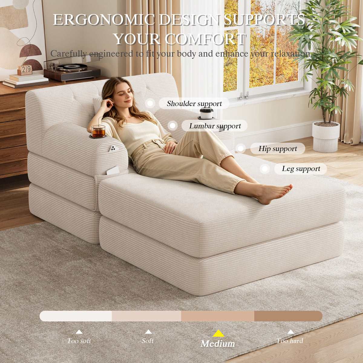 Beige Corduroy Sleeper Chair with Ottoman — detail 7