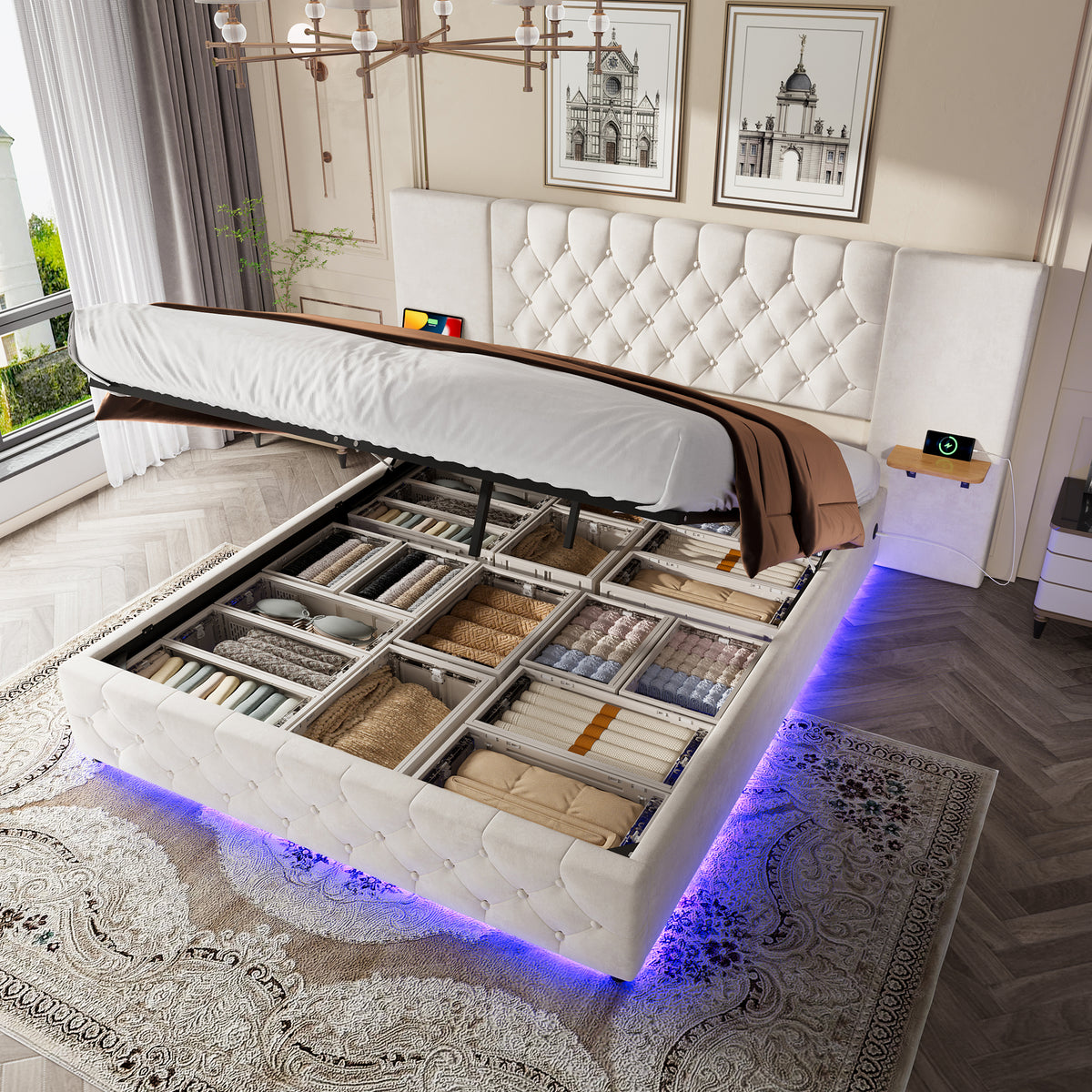 Beige Velvet Storage Bed Frame – 135 × 190 cm — product view