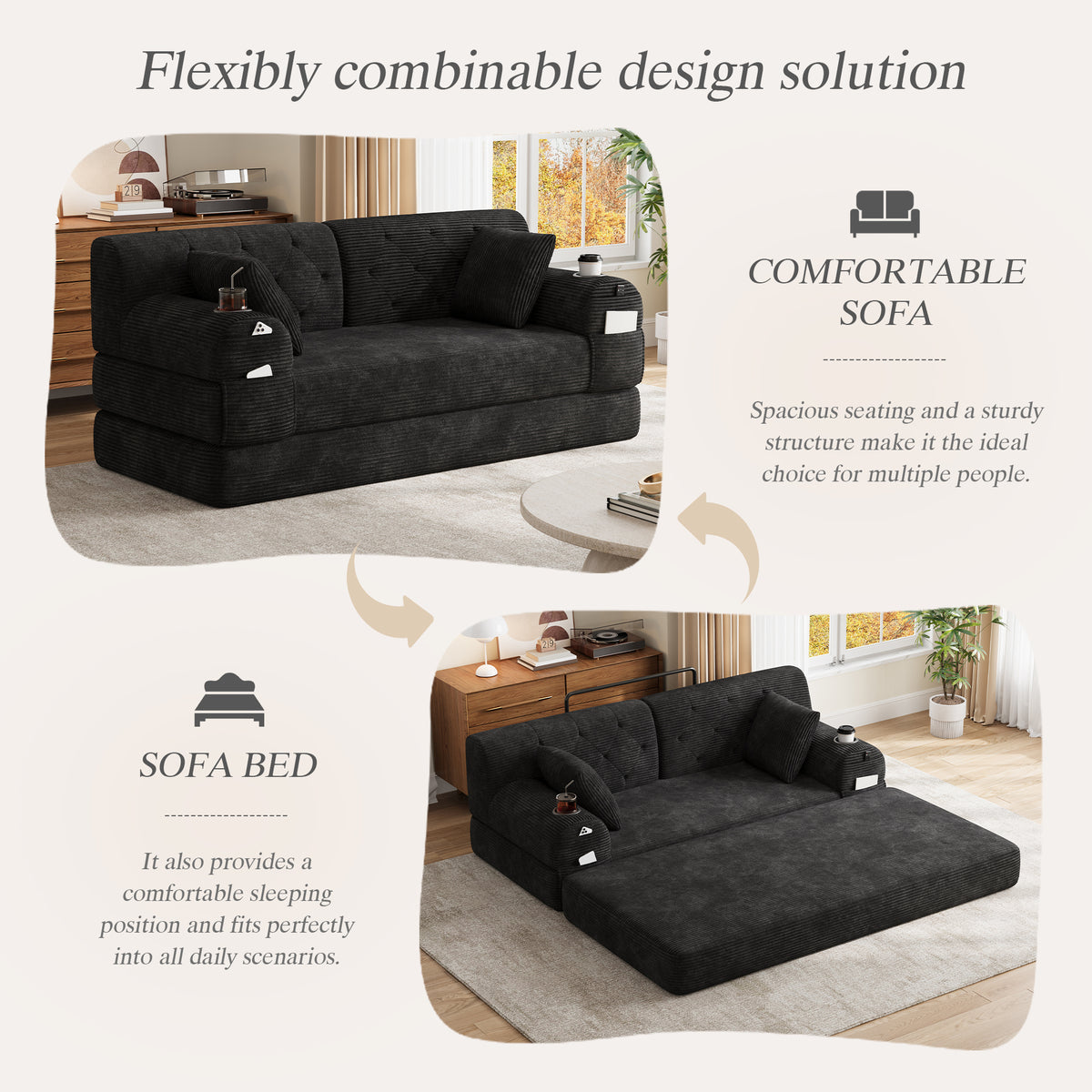 Black Corduroy 2-Seater Sofa Bed — detail 3