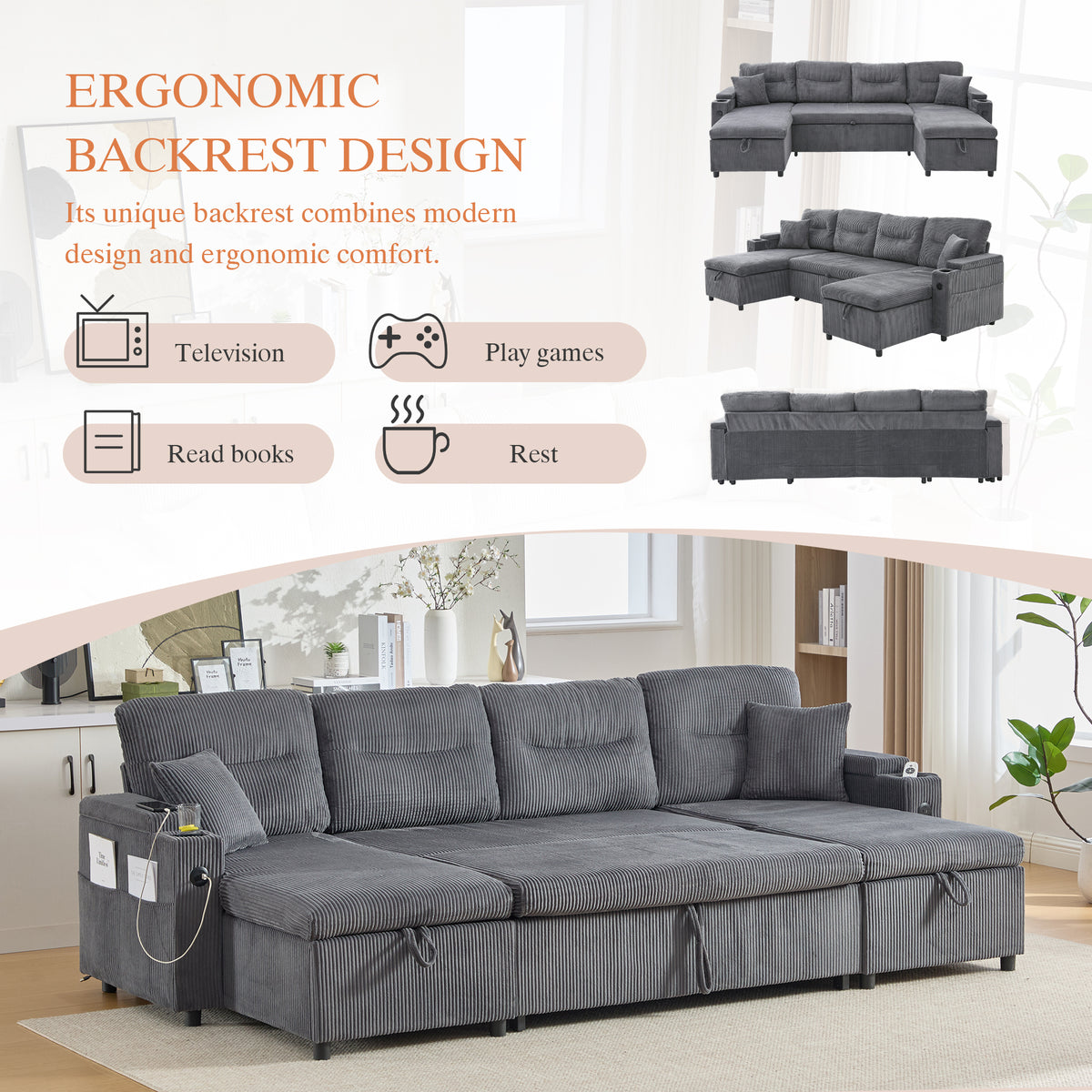 Charcoal grey Oversized Chenille Chaise Lounge with Pillows — detail 9