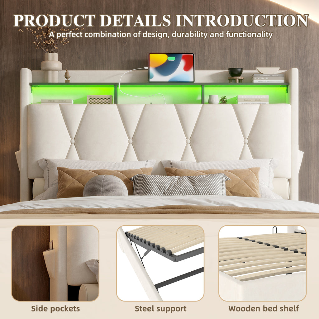 Beige Velvet Storage Bed Frame – 135 × 190 cm — detail 8