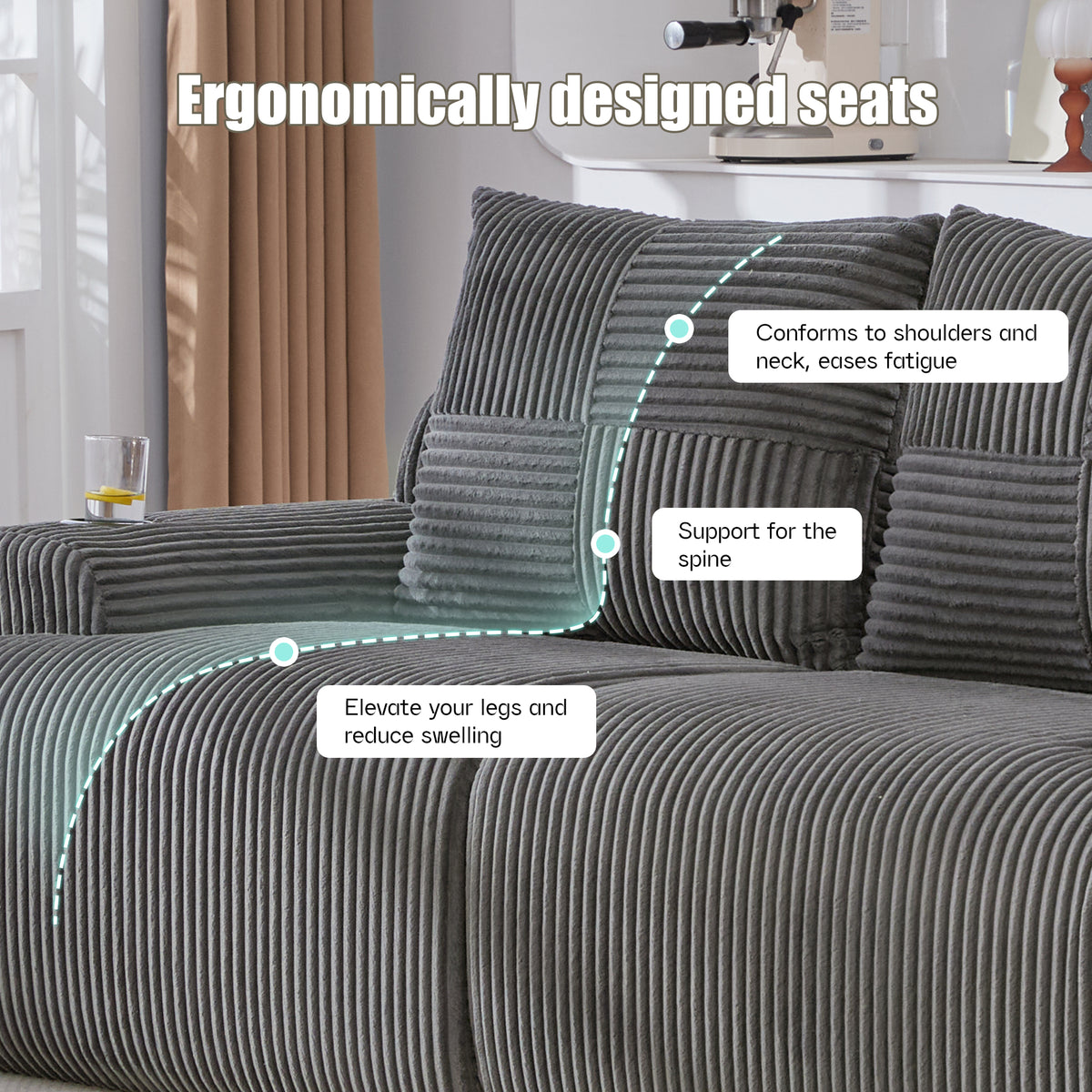 Dark Grey Corduroy 2-Seater Modular Sofa — detail 6