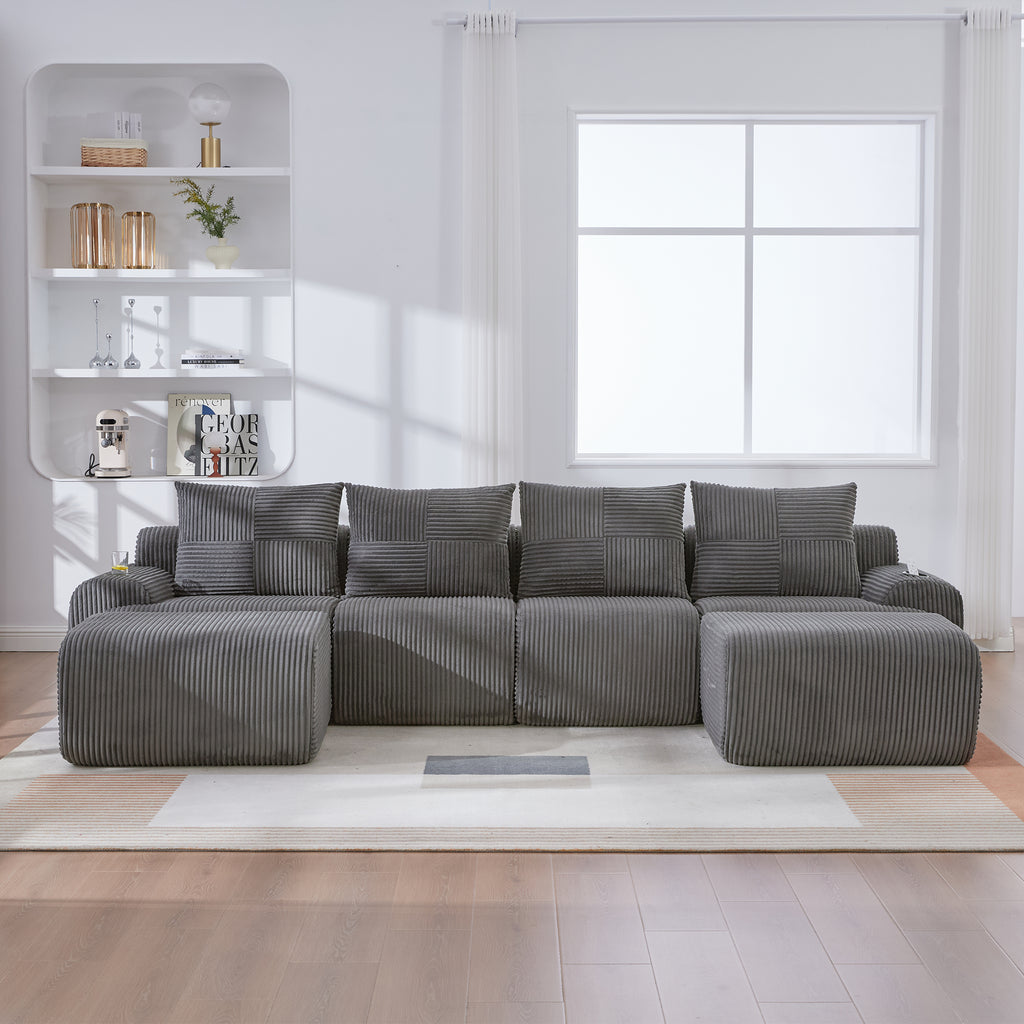 Dark Grey Corduroy 4-Seater Modular Sofa with Two Ottomans — detail 10