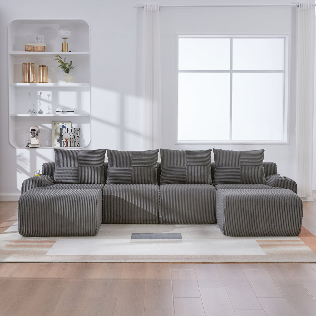 Dark Grey Corduroy 4-Seater Modular Sofa with Two Ottomans — detail 10
