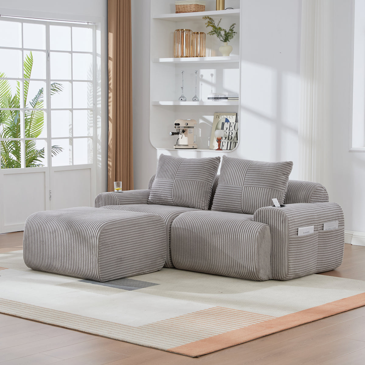 Light Grey Corduroy 2-Seater Modular Sofa with Ottoman — detail 12