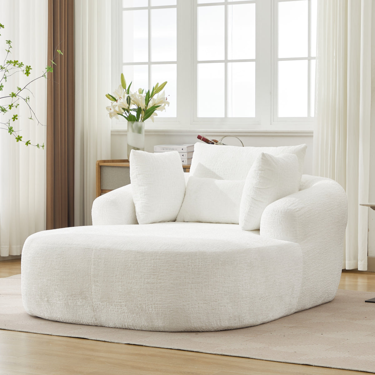 White Oversized Chenille Chaise Lounge with Pillows — detail 5