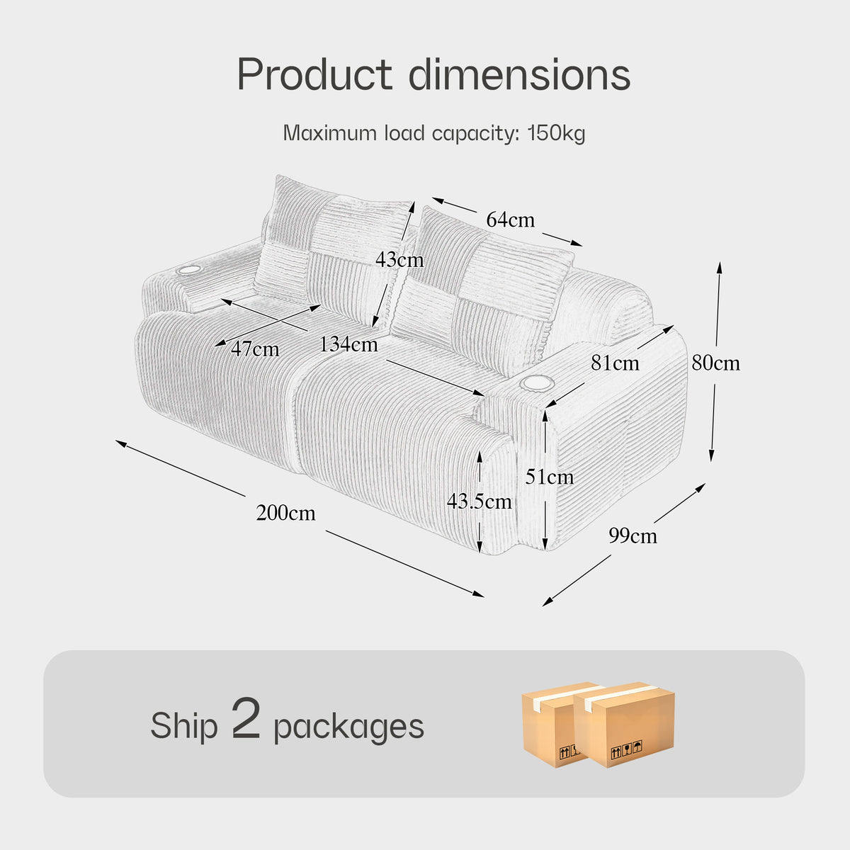 Light Grey Corduroy 2-Seater Modular Sofa — detail 2