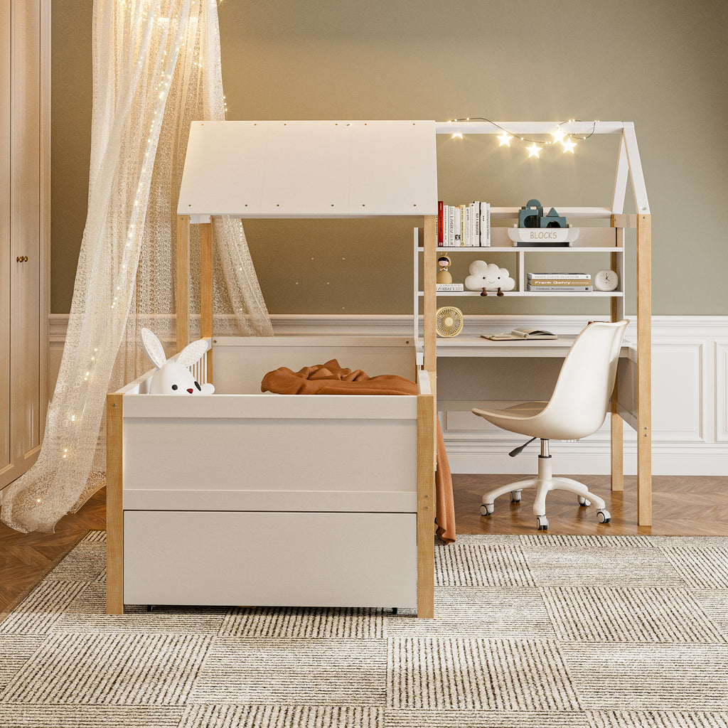 White Wooden House Bed with Desk and Storage – 90 × 190 cm — detail 9