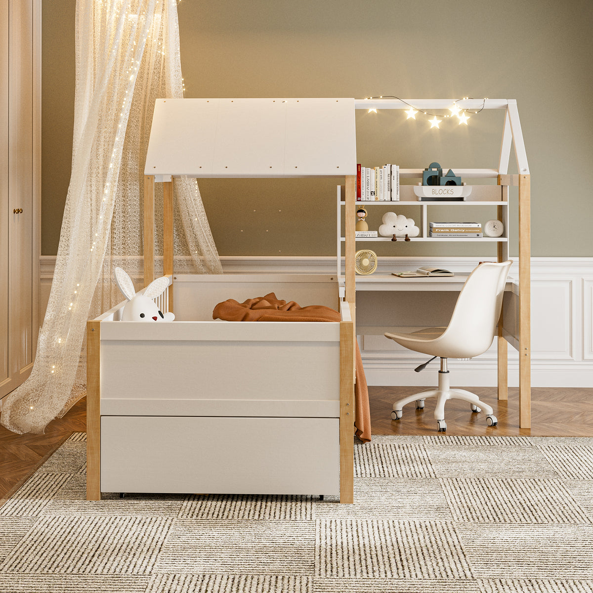 White Wooden House Bed with Desk and Storage – 90 × 190 cm — detail 9