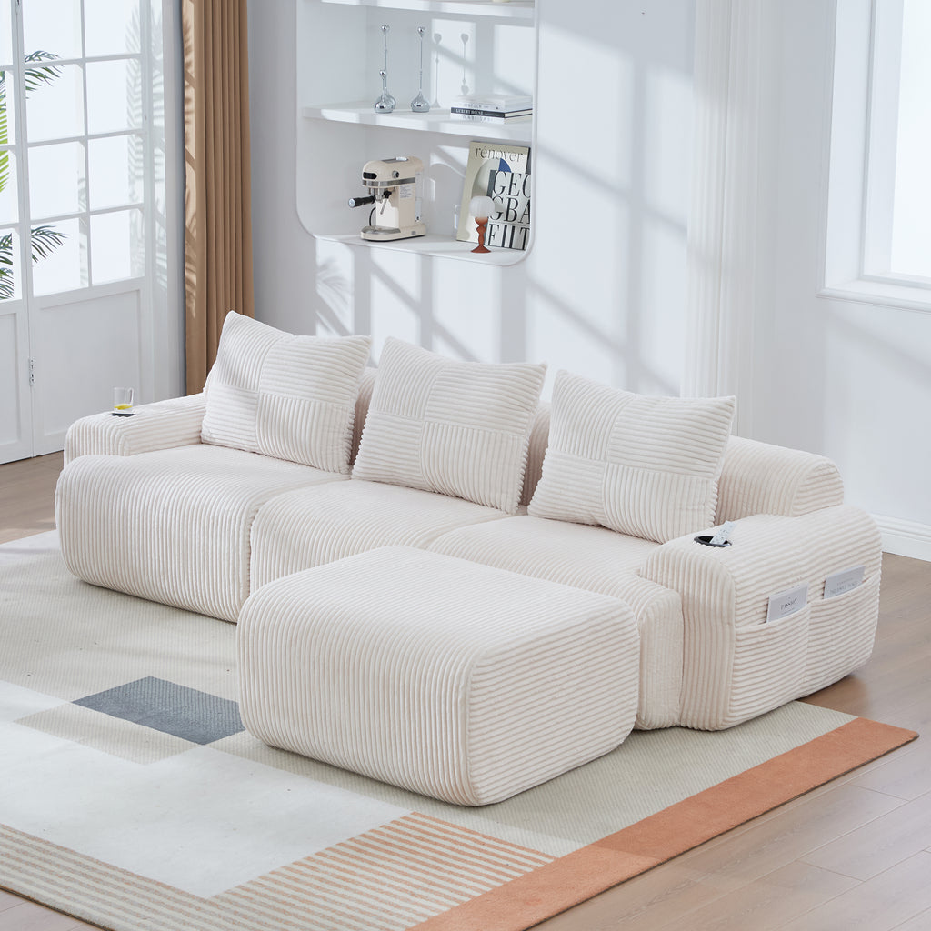 Beige Corduroy 3-Seater Modular Sofa with Ottoman — detail 10