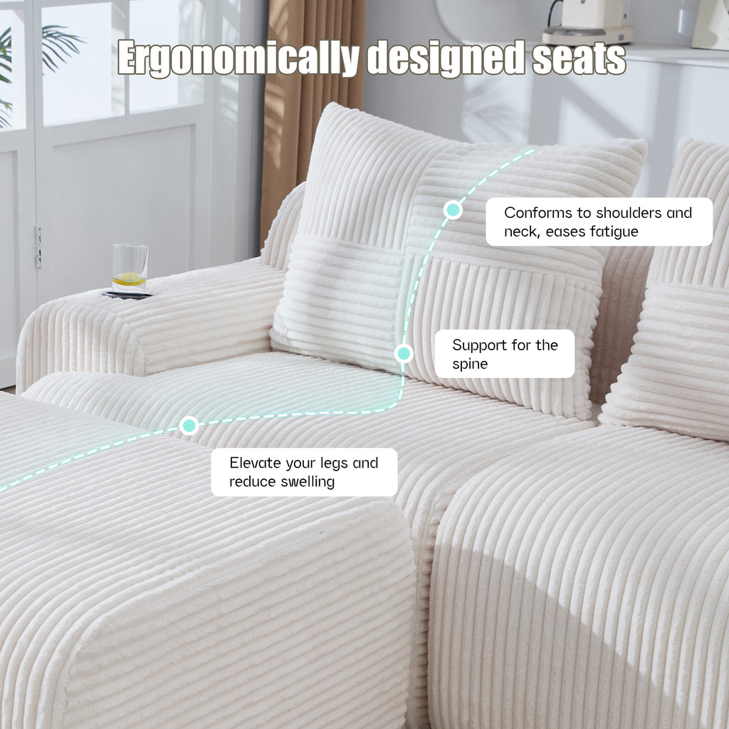 Beige Corduroy 4-Seater Modular Sofa with Two Ottomans — detail 3