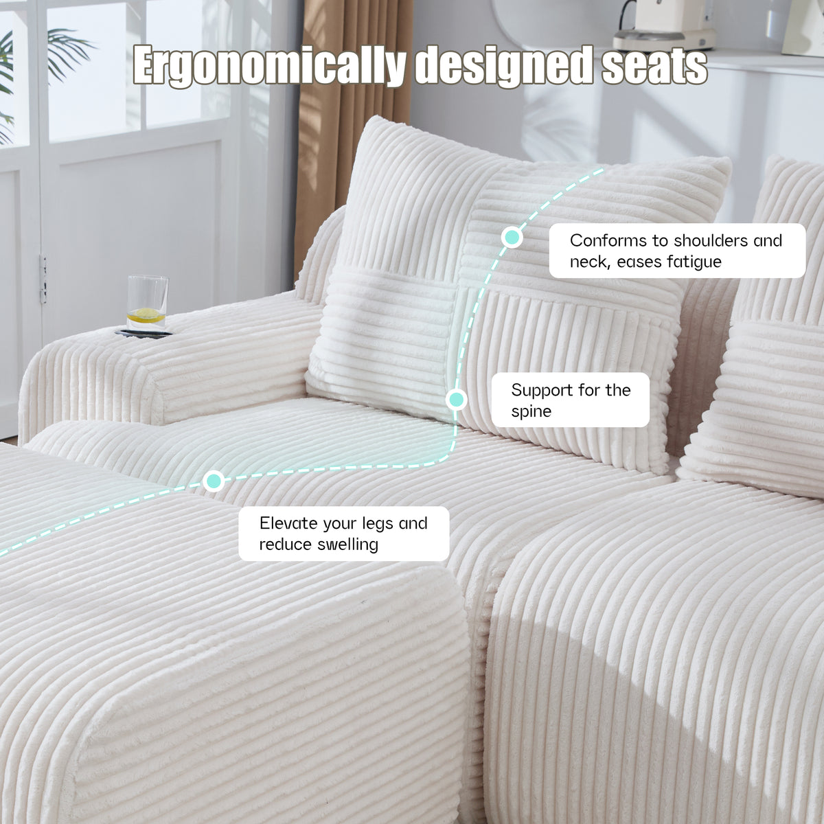 Beige Corduroy 4-Seater Modular Sofa with Two Ottomans — detail 3
