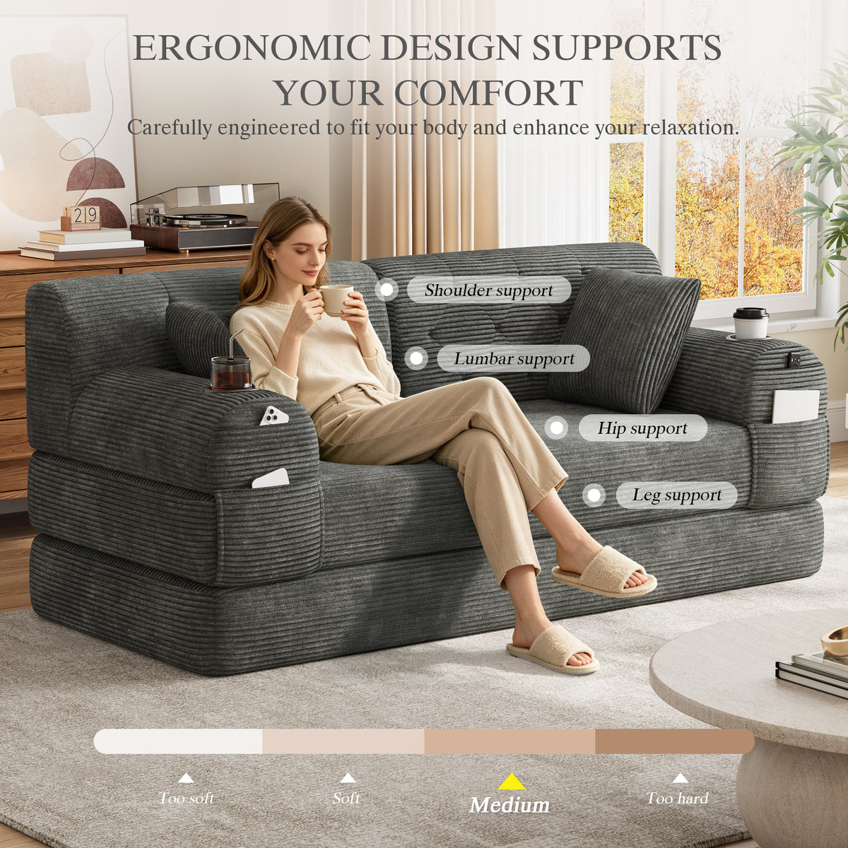 Dark Grey Corduroy 2-Seater Sofa Bed — detail 7