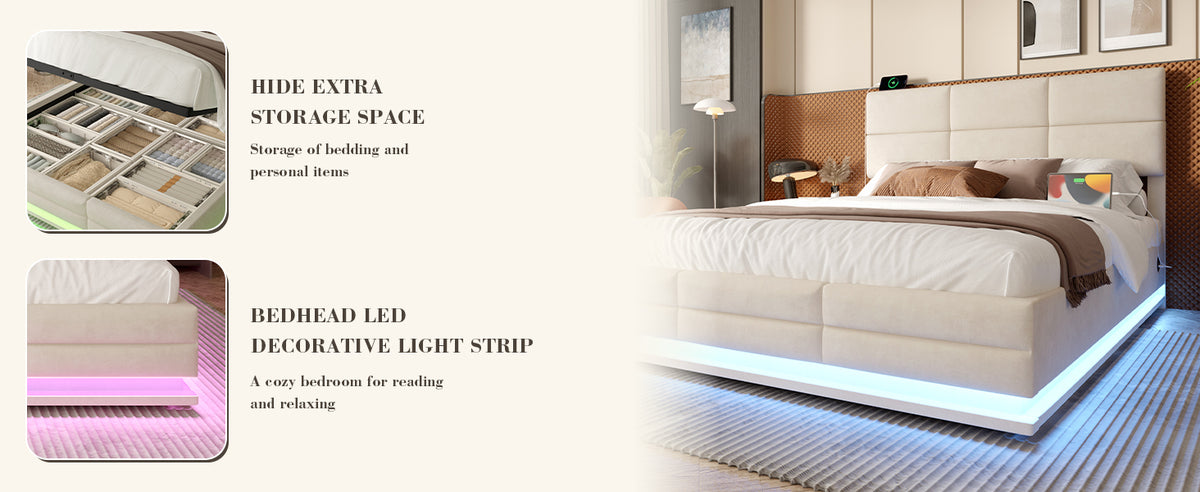 Beige Velvet Storage Bed Frame – 135 × 190 cm — detail 15