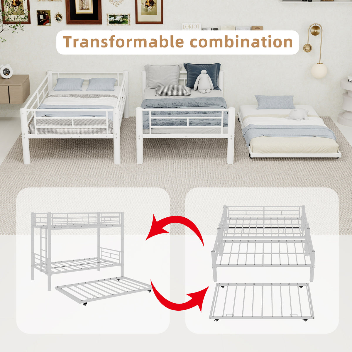 White Metal Bunk Bed with Pull-Out Trundle – 90 × 190 cm — detail 10