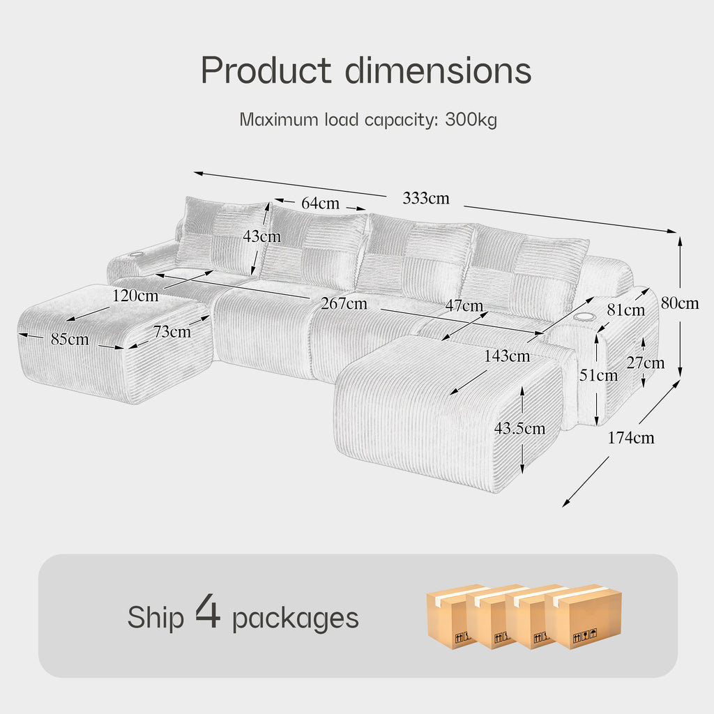 Beige Corduroy 4-Seater Modular Sofa with Two Ottomans — detail 2