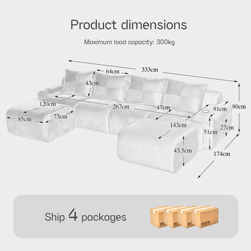 Beige Corduroy 4-Seater Modular Sofa with Two Ottomans — detail 2