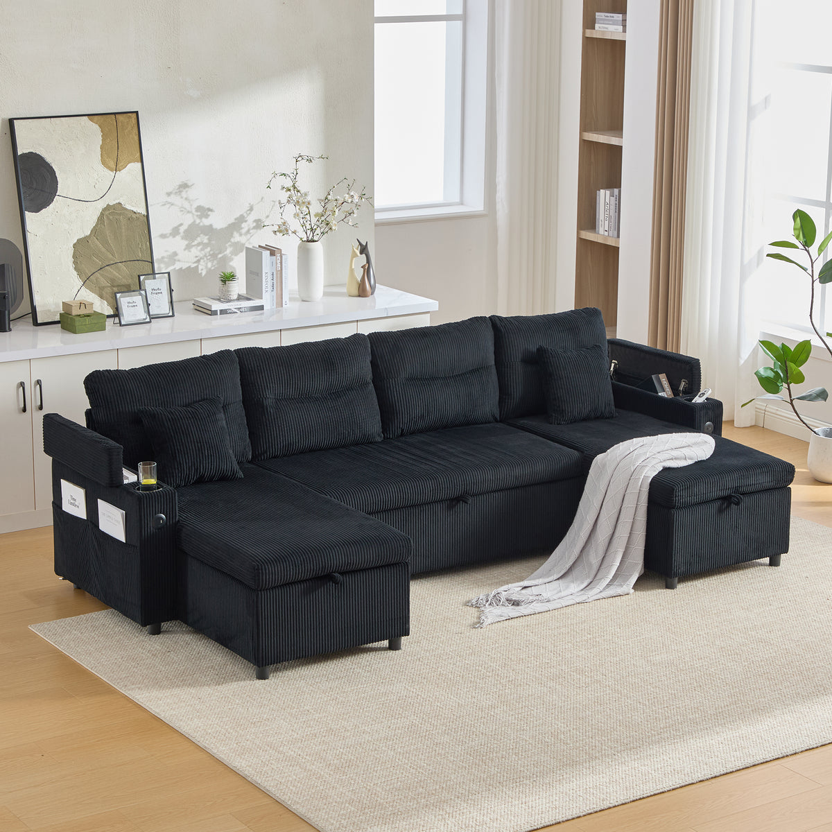 Black Oversized Chenille Chaise Lounge with Pillows — detail 2