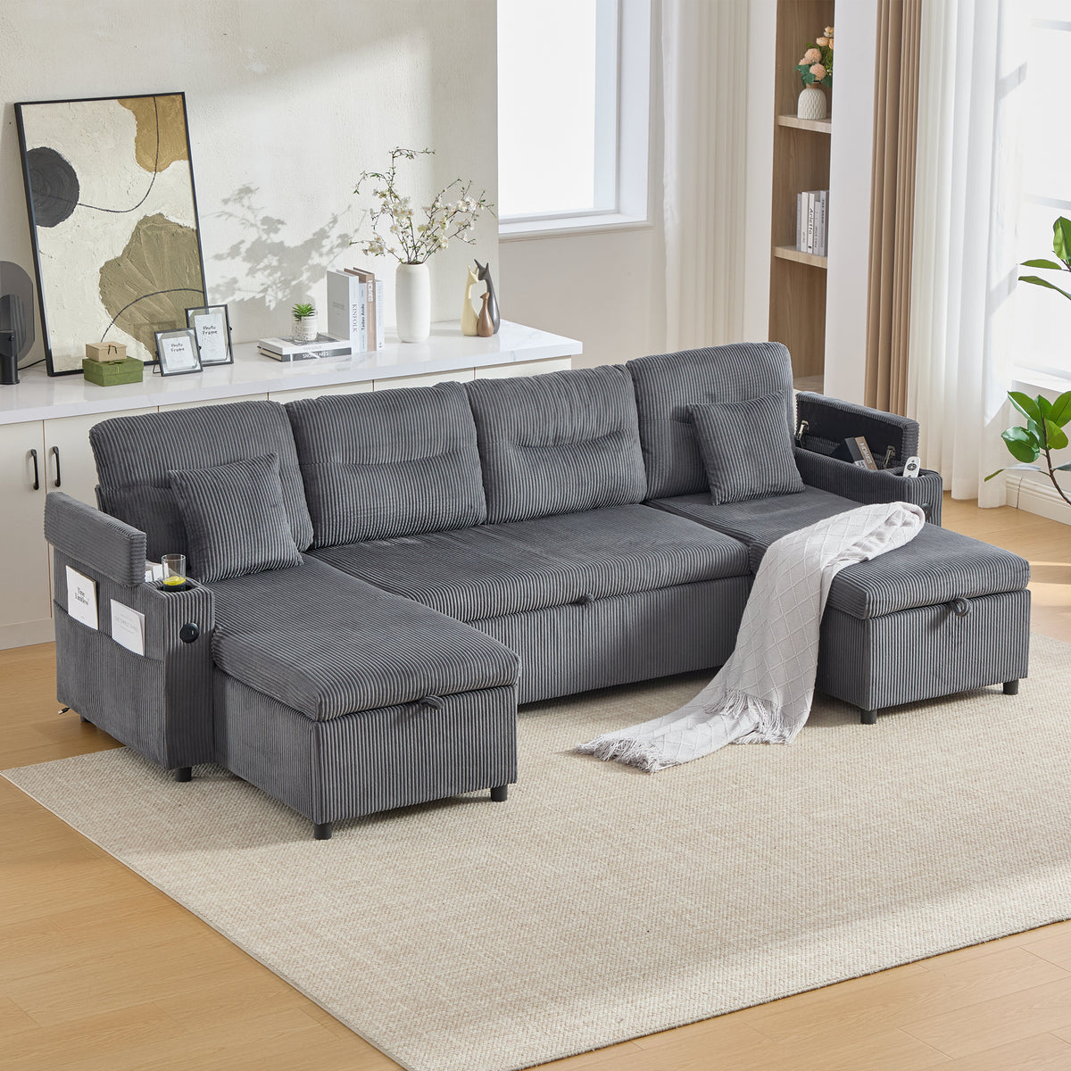 Charcoal grey Oversized Chenille Chaise Lounge with Pillows — detail 2