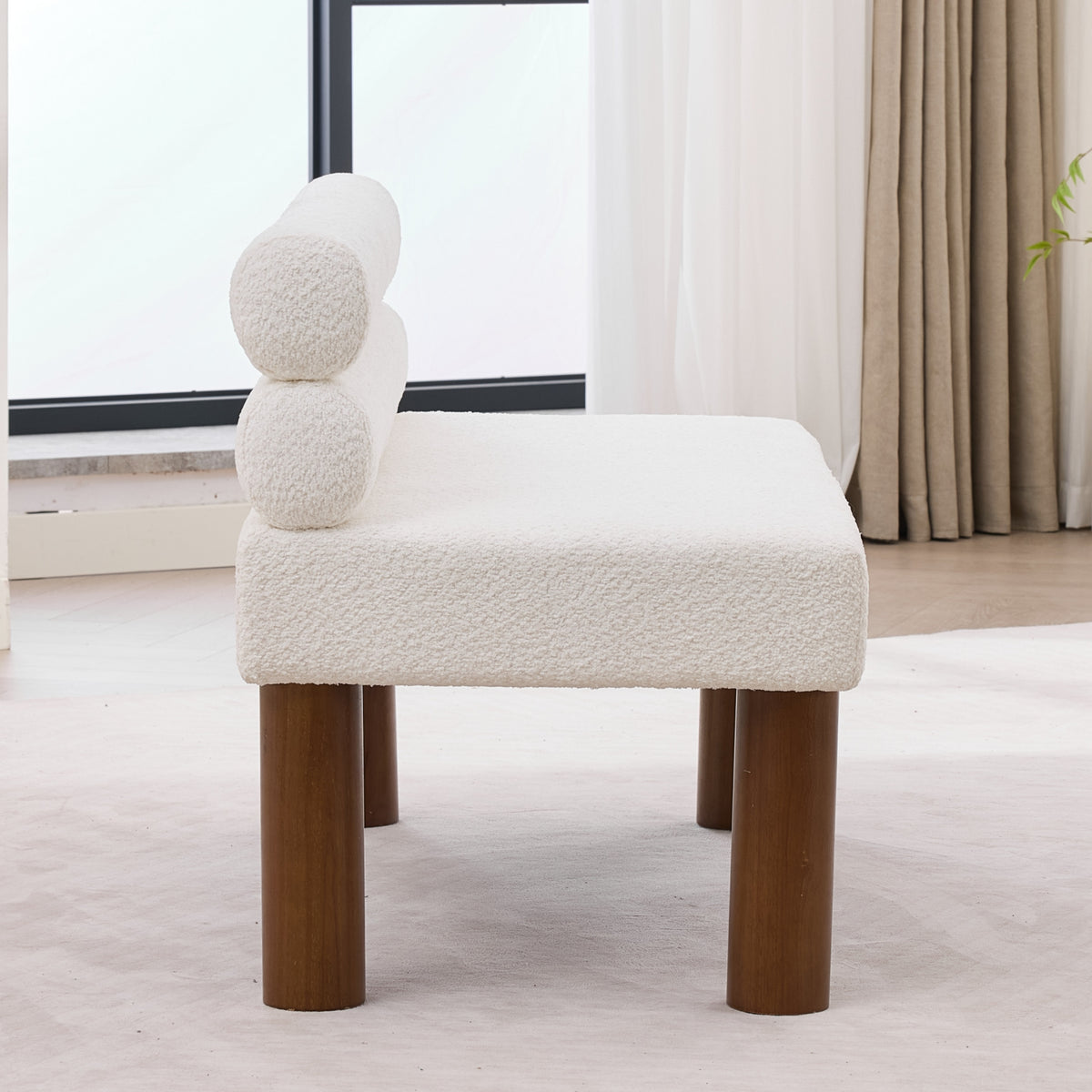White Bouclé Upholstered Bench with Backrest — detail 12